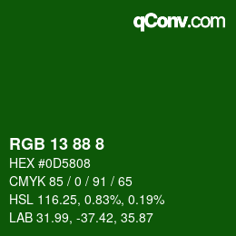 カラーコード: RGB 13 88 8 | qconv.com