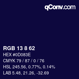 カラーコード: RGB 13 8 62 | qconv.com