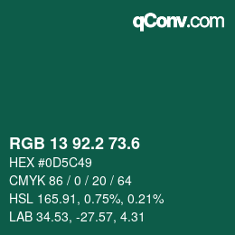 カラーコード: RGB 13 92.2 73.6 | qconv.com