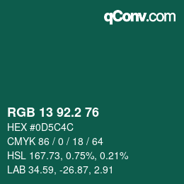 カラーコード: RGB 13 92.2 76 | qconv.com