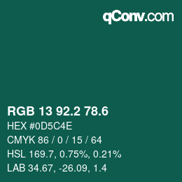 カラーコード: RGB 13 92.2 78.6 | qconv.com
