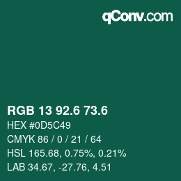 カラーコード: RGB 13 92.6 73.6 | qconv.com