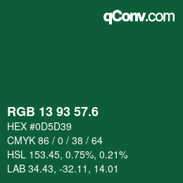 カラーコード: RGB 13 93 57.6 | qconv.com