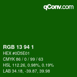 カラーコード: RGB 13 94 1 | qconv.com