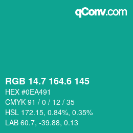 カラーコード: RGB 14.7 164.6 145 | qconv.com