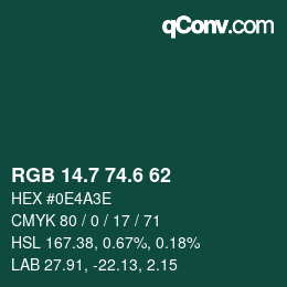 カラーコード: RGB 14.7 74.6 62 | qconv.com