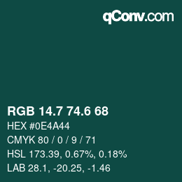 カラーコード: RGB 14.7 74.6 68 | qconv.com