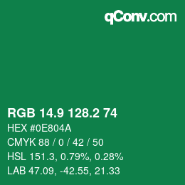 カラーコード: RGB 14.9 128.2 74 | qconv.com