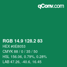 カラーコード: RGB 14.9 128.2 83 | qconv.com