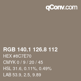 Color code: RGB 140.1 126.8 112 | qconv.com