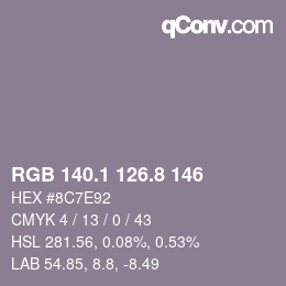 Color code: RGB 140.1 126.8 146 | qconv.com