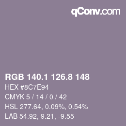 Color code: RGB 140.1 126.8 148 | qconv.com