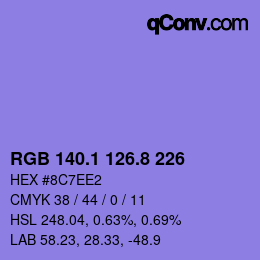 カラーコード: RGB 140.1 126.8 226 | qconv.com