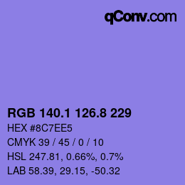 カラーコード: RGB 140.1 126.8 229 | qconv.com