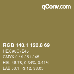 Color code: RGB 140.1 126.8 69 | qconv.com