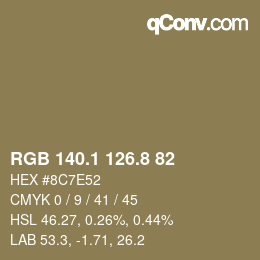 Color code: RGB 140.1 126.8 82 | qconv.com