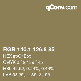 Color code: RGB 140.1 126.8 85 | qconv.com