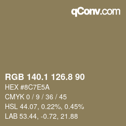 Color code: RGB 140.1 126.8 90 | qconv.com