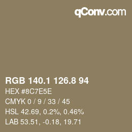 Color code: RGB 140.1 126.8 94 | qconv.com
