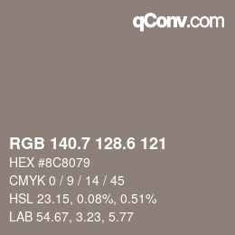 カラーコード: RGB 140.7 128.6 121 | qconv.com