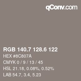 カラーコード: RGB 140.7 128.6 122 | qconv.com