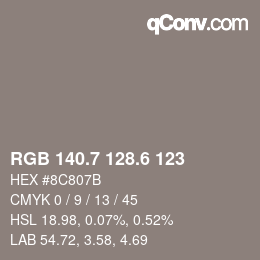 カラーコード: RGB 140.7 128.6 123 | qconv.com