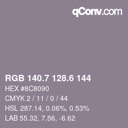 カラーコード: RGB 140.7 128.6 144 | qconv.com
