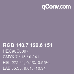 カラーコード: RGB 140.7 128.6 151 | qconv.com