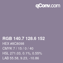 カラーコード: RGB 140.7 128.6 152 | qconv.com