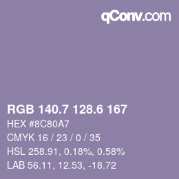 カラーコード: RGB 140.7 128.6 167 | qconv.com
