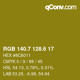 カラーコード: RGB 140.7 128.6 17 | qconv.com