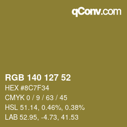 Color code: RGB 140 127 52 | qconv.com