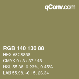 Color code: RGB 140 136 88 | qconv.com