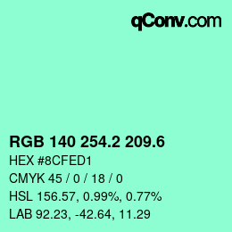 カラーコード: RGB 140 254.2 209.6 | qconv.com