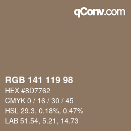 Color code: RGB 141 119 98 | qconv.com