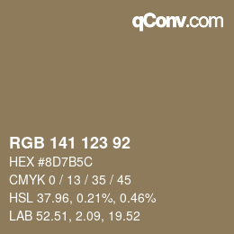 Color code: RGB 141 123 92 | qconv.com