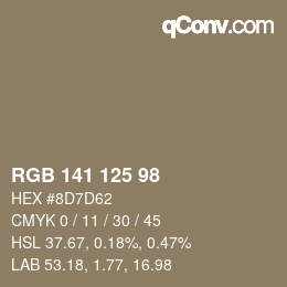 Color code: RGB 141 125 98 | qconv.com