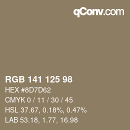 Color code: RGB 141 125 98 | qconv.com