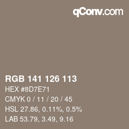 Color code: RGB 141 126 113 | qconv.com