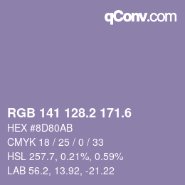 カラーコード: RGB 141 128.2 171.6 | qconv.com