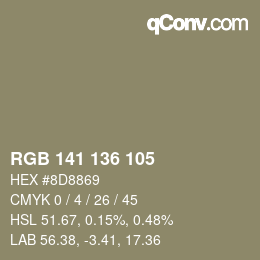Color code: RGB 141 136 105 | qconv.com