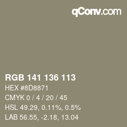 Color code: RGB 141 136 113 | qconv.com