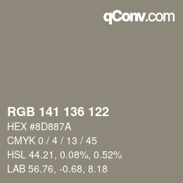 Color code: RGB 141 136 122 | qconv.com