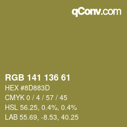 Color code: RGB 141 136 61 | qconv.com