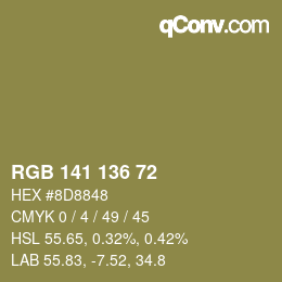 Color code: RGB 141 136 72 | qconv.com