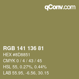 Color code: RGB 141 136 81 | qconv.com