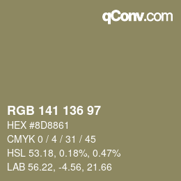 Color code: RGB 141 136 97 | qconv.com