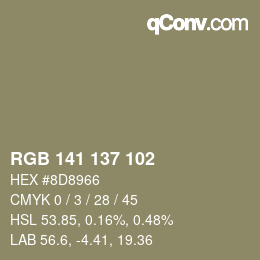 Color code: RGB 141 137 102 | qconv.com