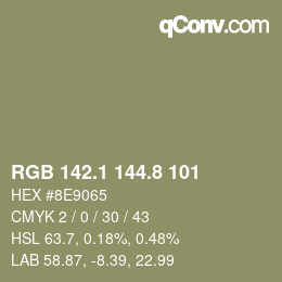 Color code: RGB 142.1 144.8 101 | qconv.com