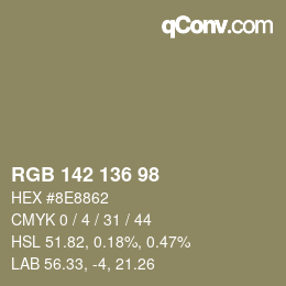 Color code: RGB 142 136 98 | qconv.com